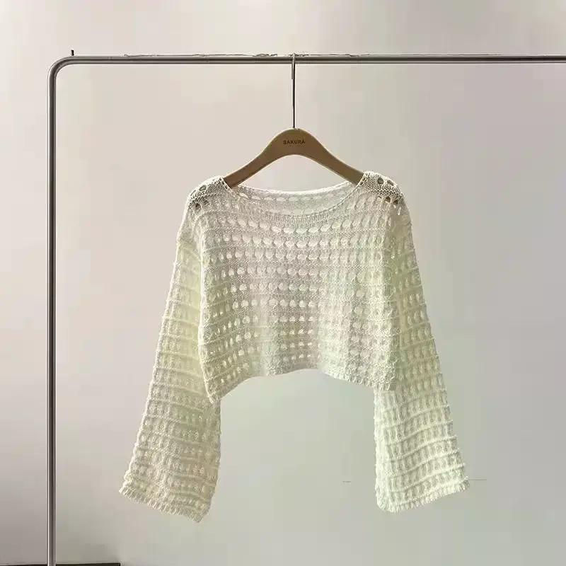 Thumbnail: Crochet Knit Long Sleeve Crop Top for Summer Beachwear and Layering