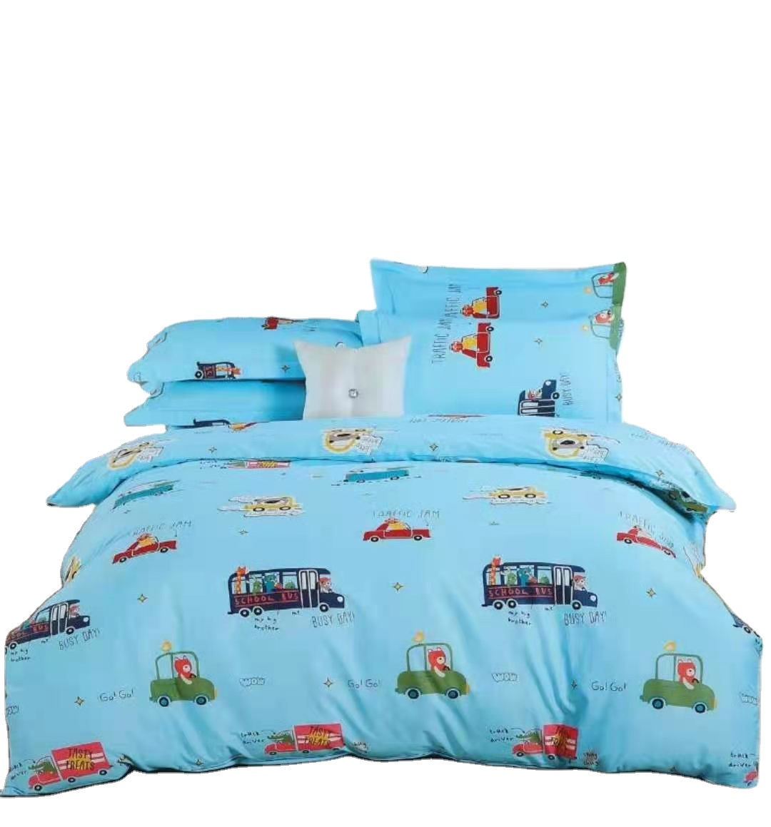 Blue Cartoon City Traffic Cotton Quilt Cover Bedding Duvet Sheet Set