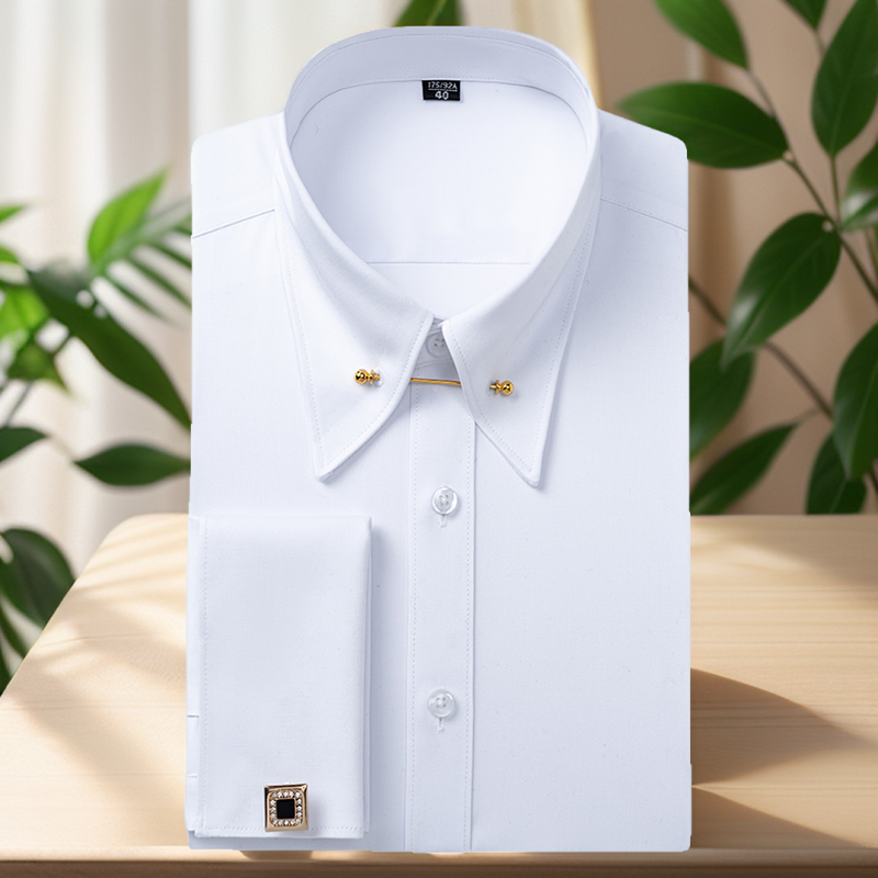 Thumbnail: Embroidered French Cufflinks Long‑Sleeve Dress Shirt with Collar Pins
