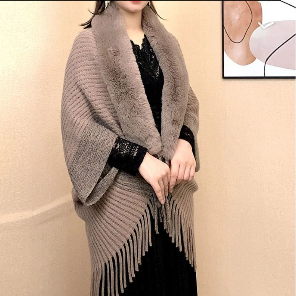 Winter Knitted Cape Shawl with Faux Fur Collar and Plush Wrap Design