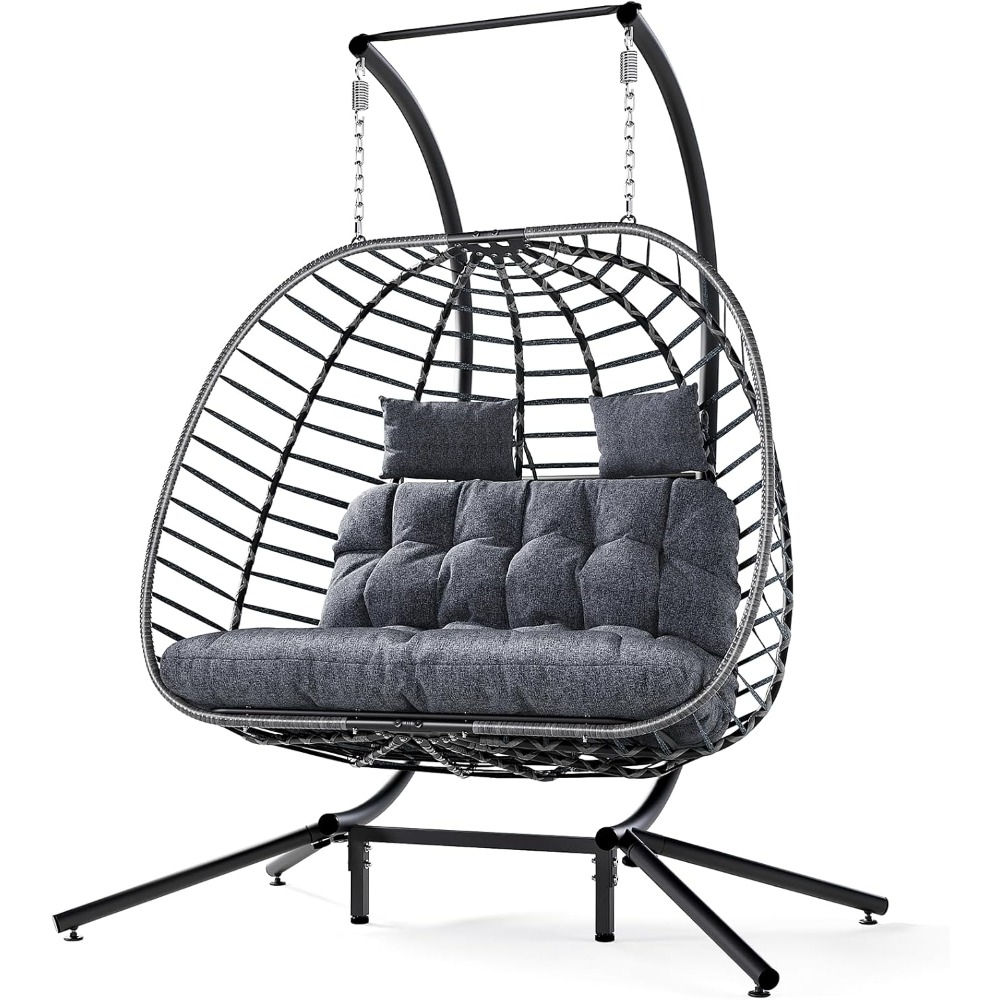 Double Egg Swing Chair with Stand – Dark Grey 2‑Person Wicker Hanging Seat