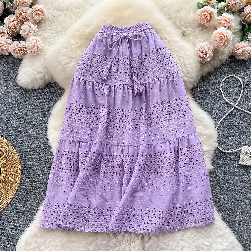 Thumbnail: Hollow Lace Embroidery High Waist Peplum Skirt