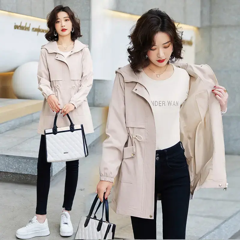 Thumbnail: Womens Hooded Mid Length Trench Coat with Drawstring and Windproof Design