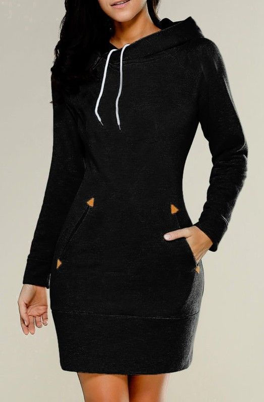Thumbnail: Bodycon Hoodie Dress with Pockets Solid Color Casual Mini