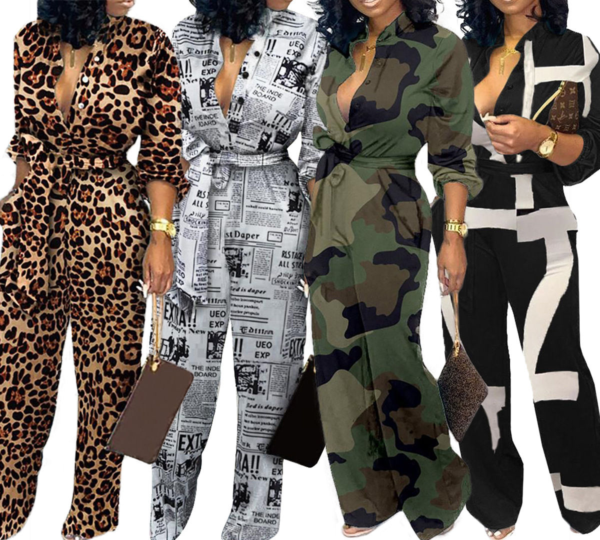 Leopard Camouflage Wide Leg Pocket Jumpsuit Romper Women One Piece Streetwear