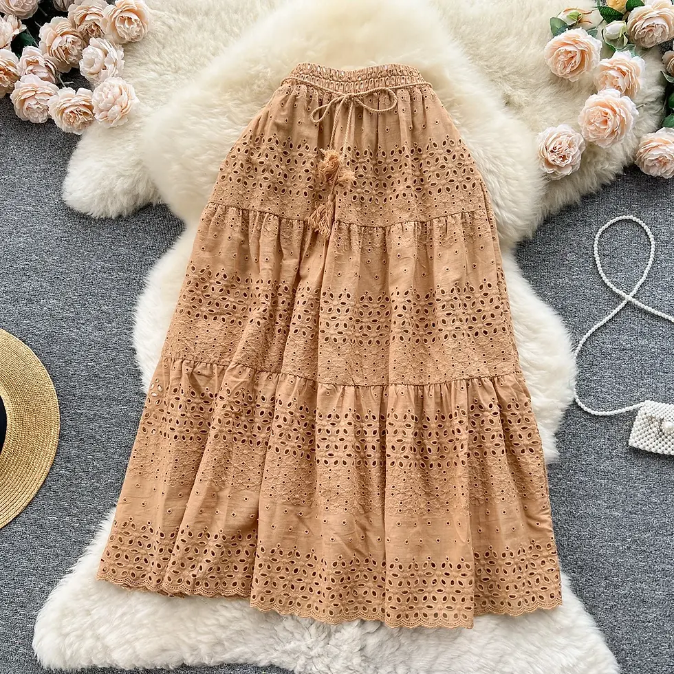 Thumbnail: Hollow Lace Embroidery High Waist Peplum Skirt