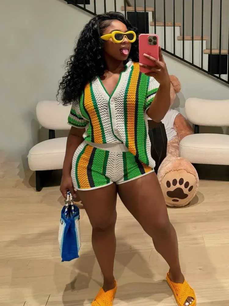 Thumbnail: Striped Knitted Two-Piece Set with Button Shirt & Shorts