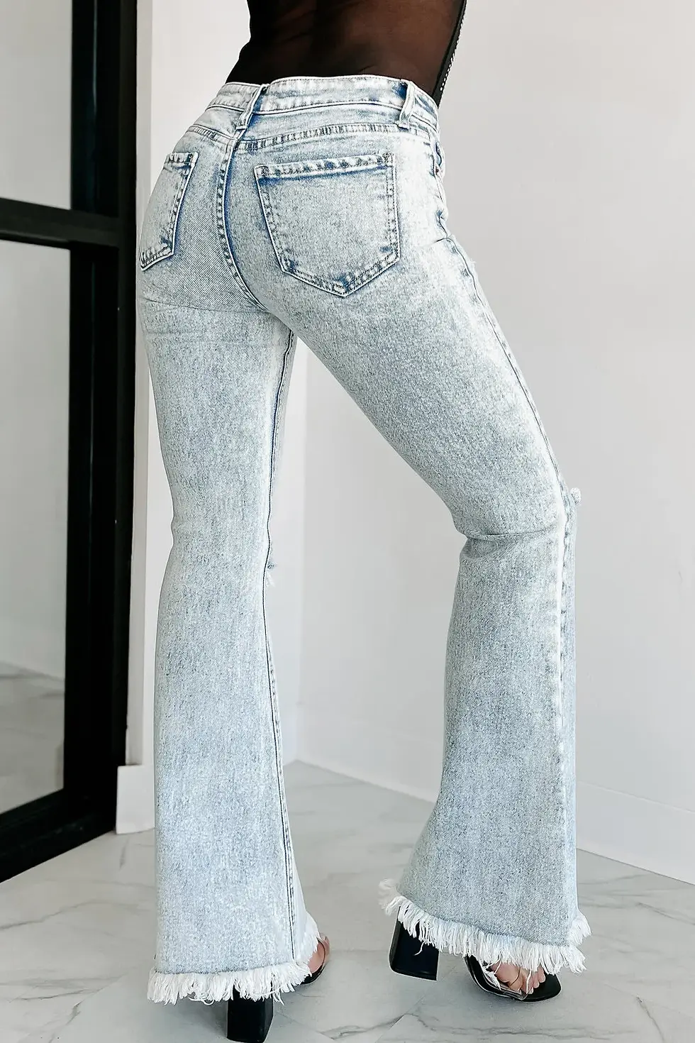 Thumbnail: Womens Deep Blue Flare Denim Pants with Wide Legs and Bleached Vintage Look