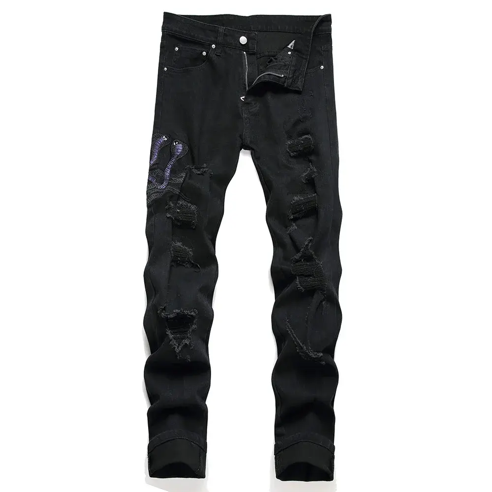 Men's Snake Embroidery Ripped Black Jeans Slim Stretch Denim