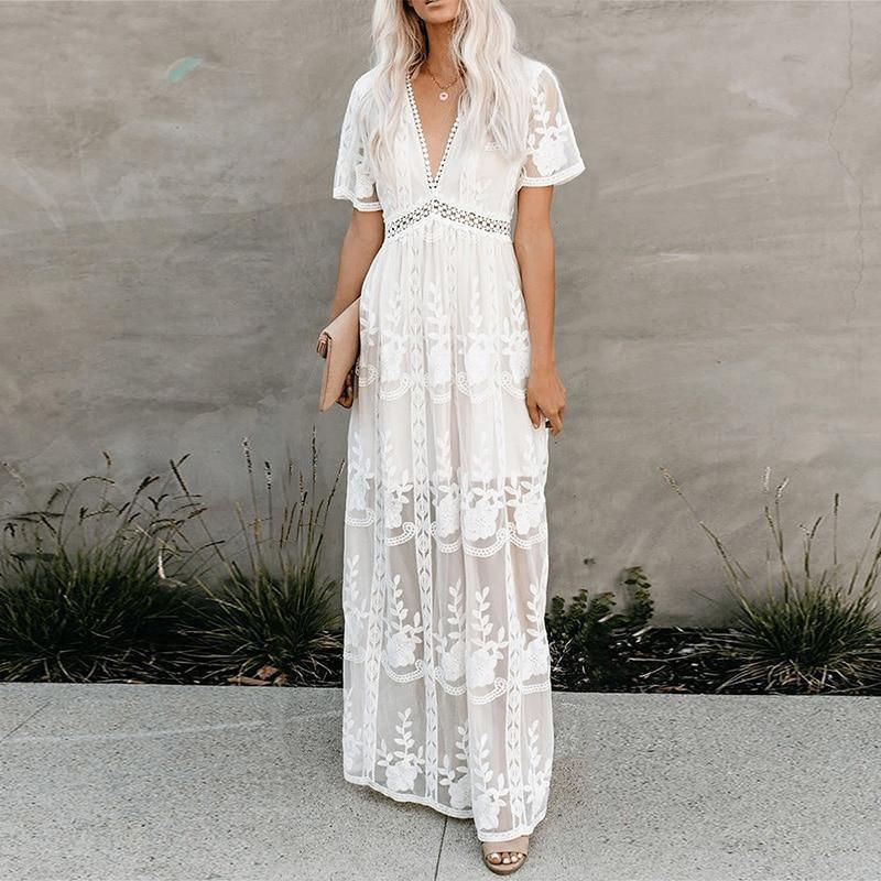 Thumbnail: Summer Boho Women Maxi Loose Embroidery White Lace Long Tunic Beach Dress