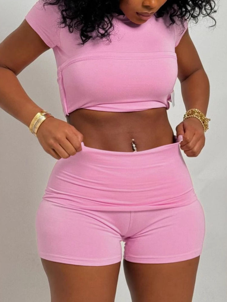 Thumbnail: Casual Two-Piece Set – O-Neck Short Sleeve Top & Elastic Waist Shorts