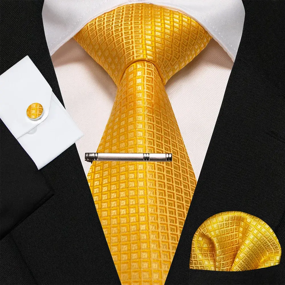 Mens Navy Blue Striped Silk Tie Set with Pocket Square and Cufflinks Gift