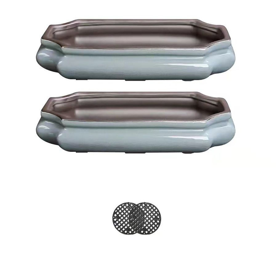 10‑Inch Shallow Wooden Bonsai Pot Set, 2‑Piece Blue Glazed Design