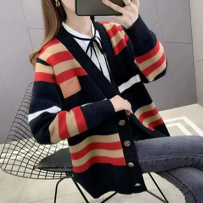 Thumbnail: Women's Vintage Striped Knitted Cardigan Jacket Loose Fit Spring Warmwear