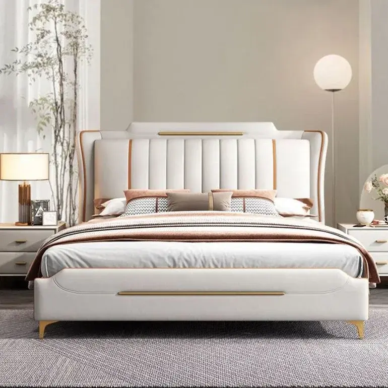 Thumbnail: Luxury Wooden Frame Bed – King/Queen Size Modern Design with Leather Accents