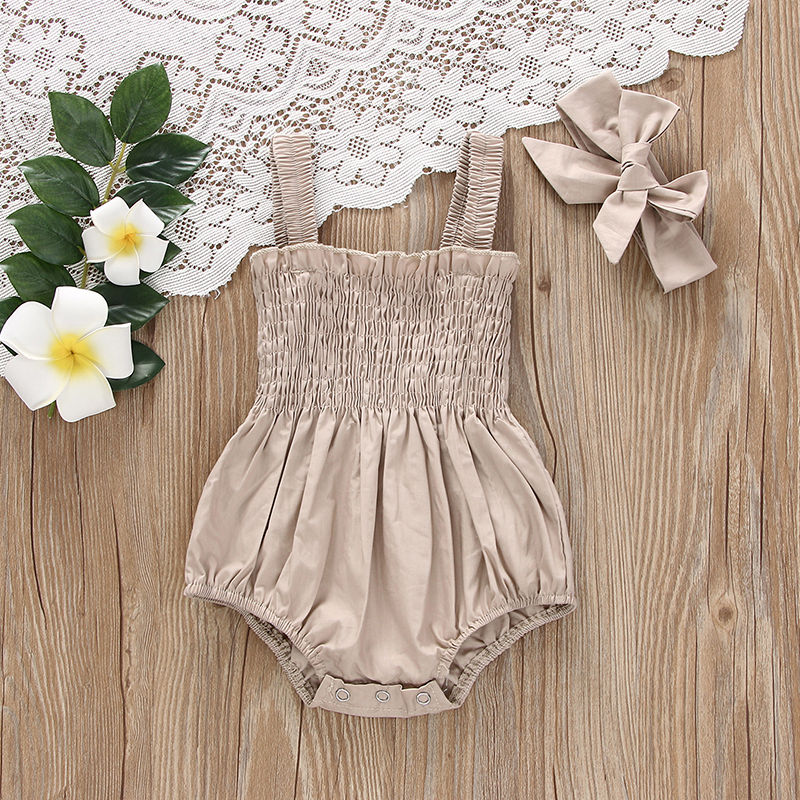Thumbnail: Infant Baby Girl Sleeveless Romper with Headband – Summer Ruched Bodysuit