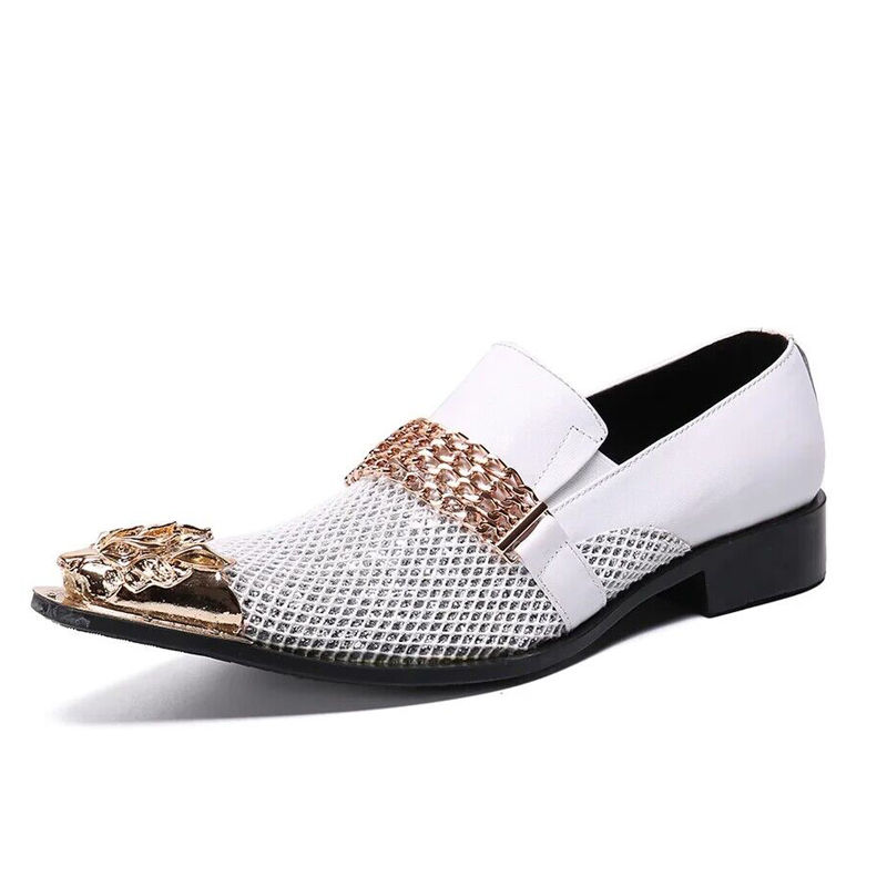 Thumbnail: Red Genuine Leather Pointed Toe Derby Shoes with Metal Tip & Crystal Detail