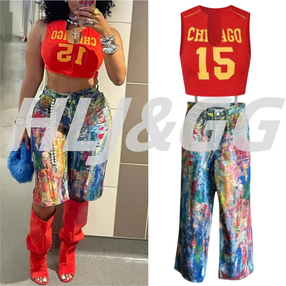 Thumbnail: Summer Oil Painting Wide Leg Denim Pants Two Piece Sets