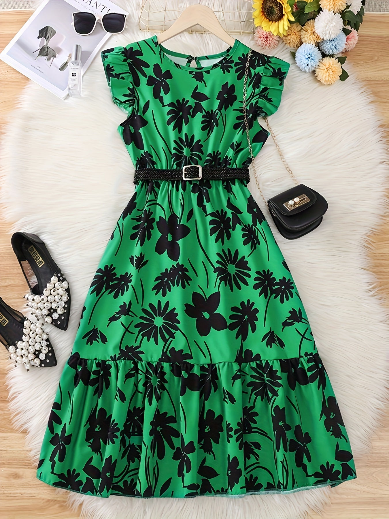 Chic Teen Girls’ Floral Print Belted Dress with Ruffle Sleeves (Summer Casual)