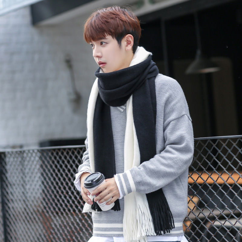 Thumbnail: Mens Winter Knitted Scarf Warm Patchwork Striped Neckerchief Soft Style