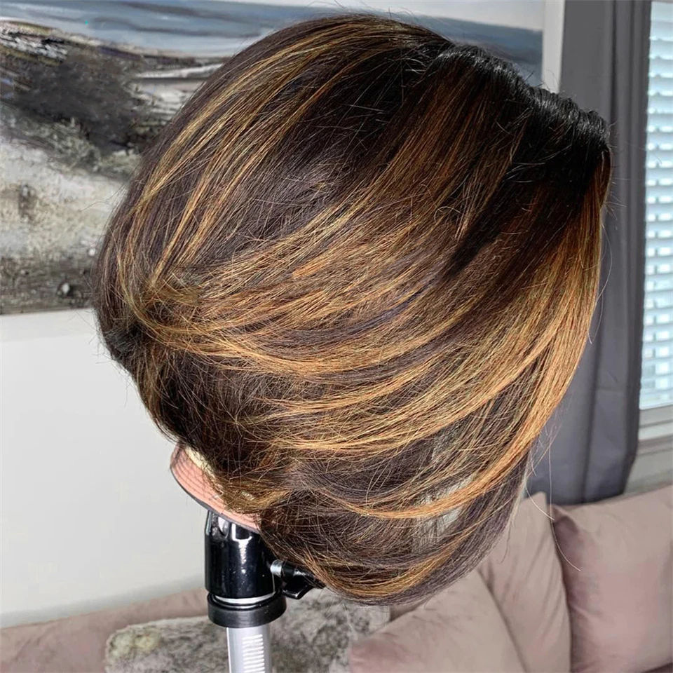 Thumbnail: Brown Ombre Pixie Cut Wig – Short Straight Lace Human Hair for Women