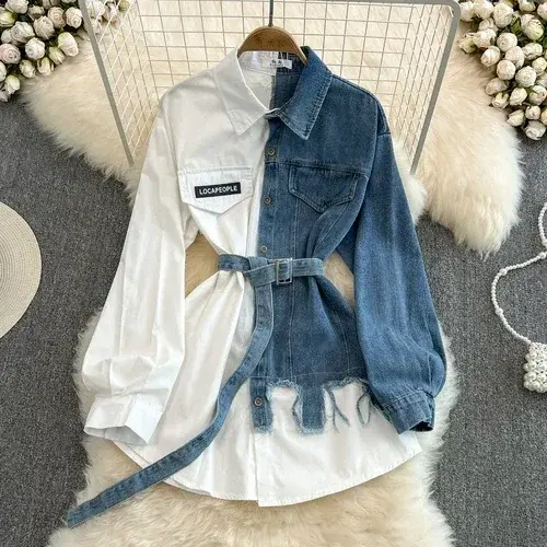 Thumbnail: Vintage Denim Blouse Lapel Long Sleeve Slim Waist