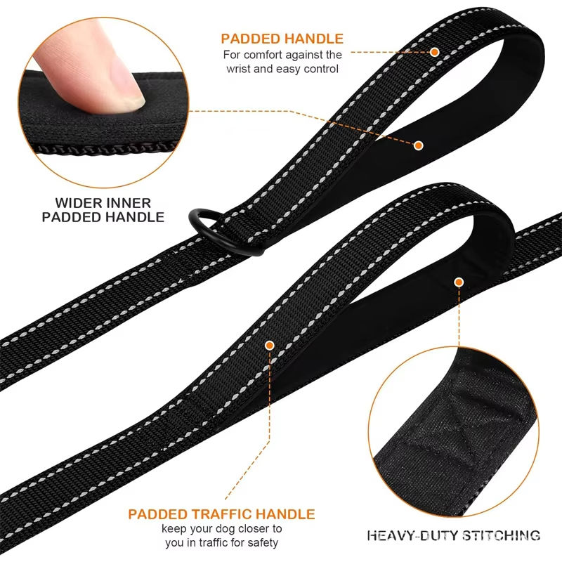 Thumbnail: Double Handle Reflective Dog Leash – 180cm Nylon Lead for Night Safety & Control