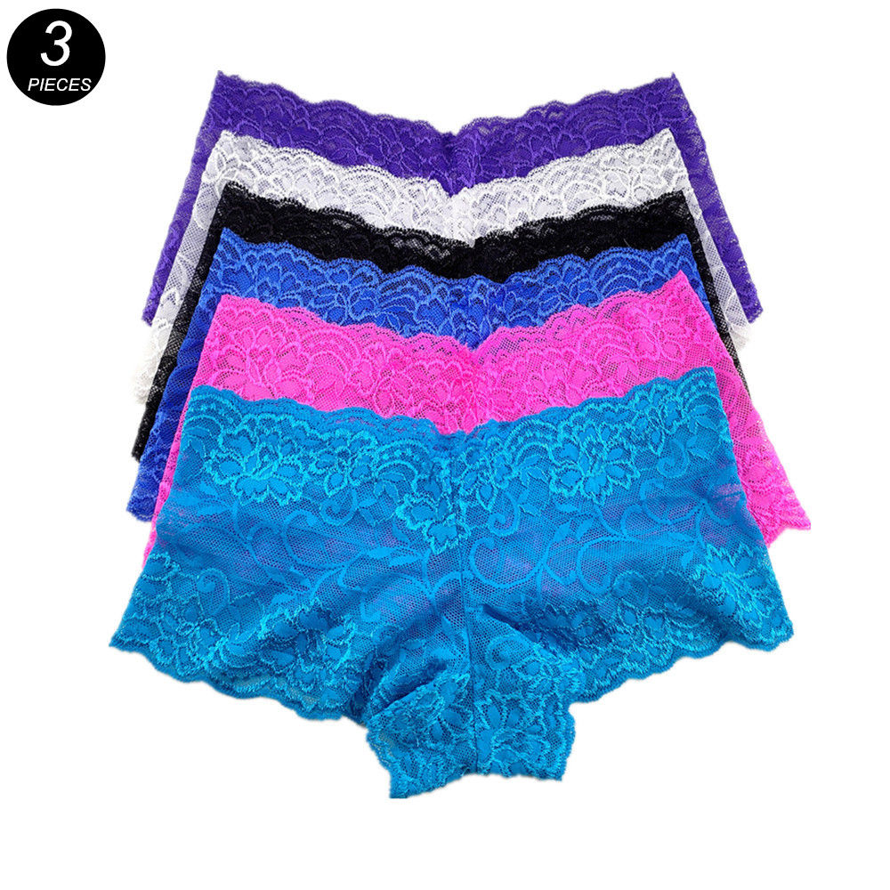 3PCS M-XXL Female Boxers Underwear Silk Boyshorts Women Transparent Panties