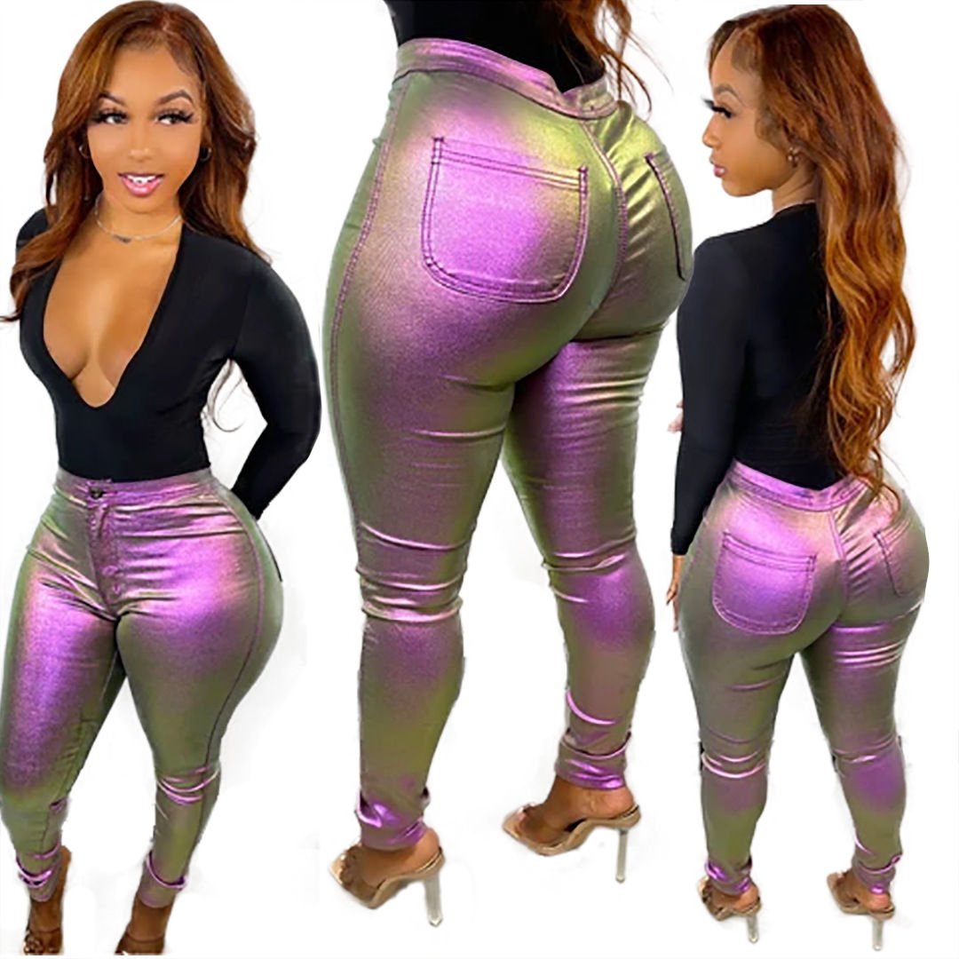 Gradient Sequin Button-Up Faux Leather Skinny PU Pencil Pants Women