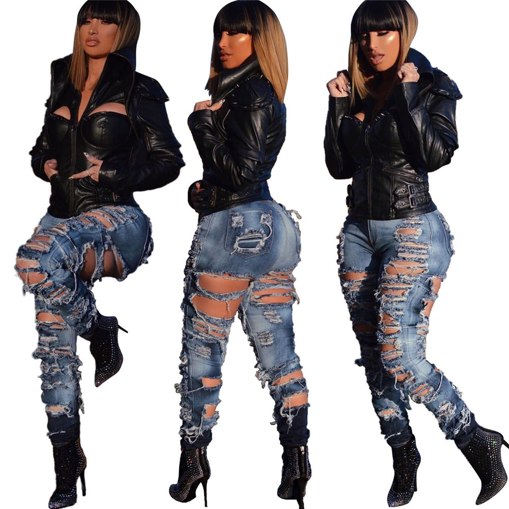 Women Washed Distressed Stretch Ripped Skinny Denim Fashion Jeans