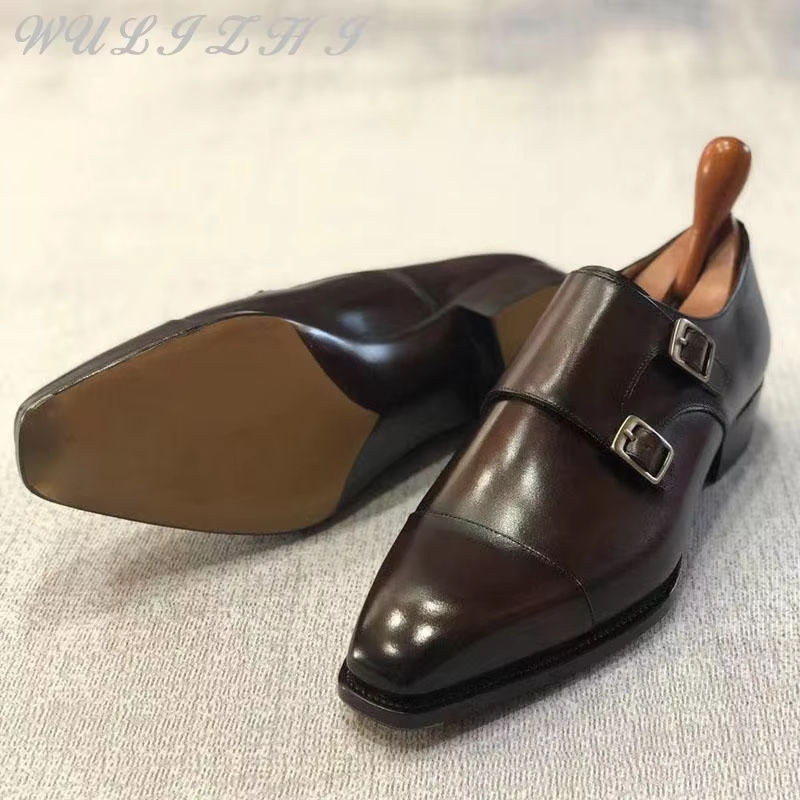 Thumbnail: Mens Brown Cowhide Leather Formal Shoes with Flat Sole and Double Buckle