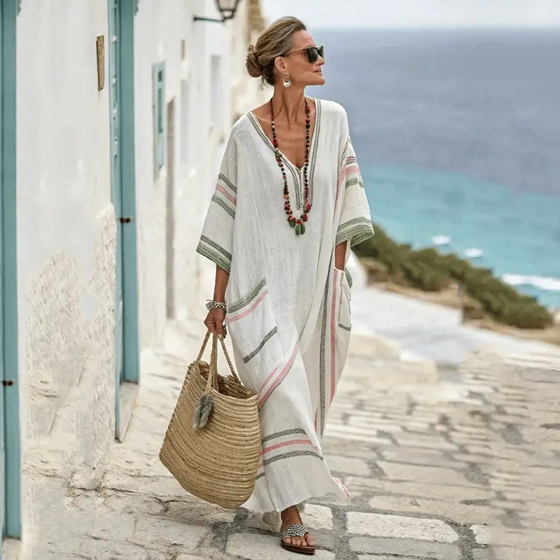 Thumbnail: Bohemian Loose V-Neck Summer Dress for Women Vacation Wear