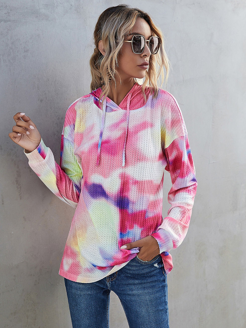 Thumbnail: Tie Dye Ombre Drop Shoulder Hoodie Pullover String Casual