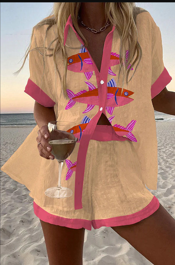 Thumbnail: Women's Summer Beach Holiday Two-Piece Set – Printed Shirt & Flare Shorts