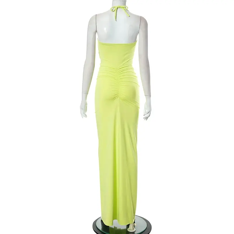 Thumbnail: Womens Halterneck Pleated Split Long Dress for Beach Holiday