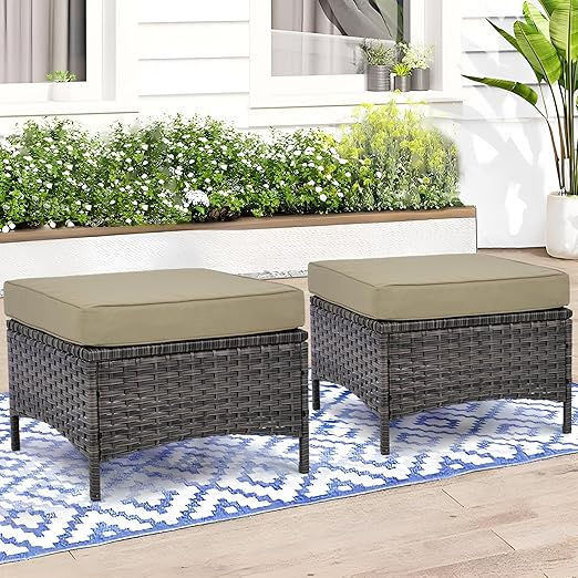 Thumbnail: Outdoor Patio Ottomans Set of 2 – 22" PE Rattan Wicker Footstools with Cushions