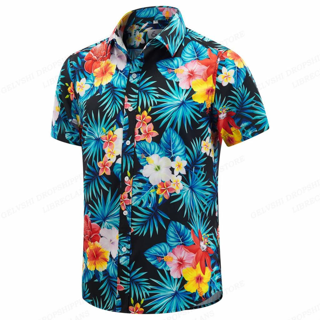 Men's Floral Hawaiian Shirt – Tropical Leaf Print, Short Sleeve