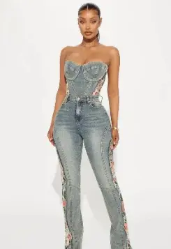 Thumbnail: Women’s Patchwork Flare Denim Jeans – Detachable Printed Long Pants