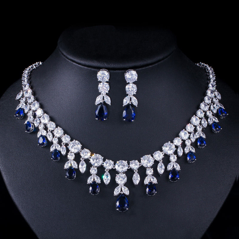 Women’s Luxury Dark Blue Dangle Earrings & Necklace Jewelry Set