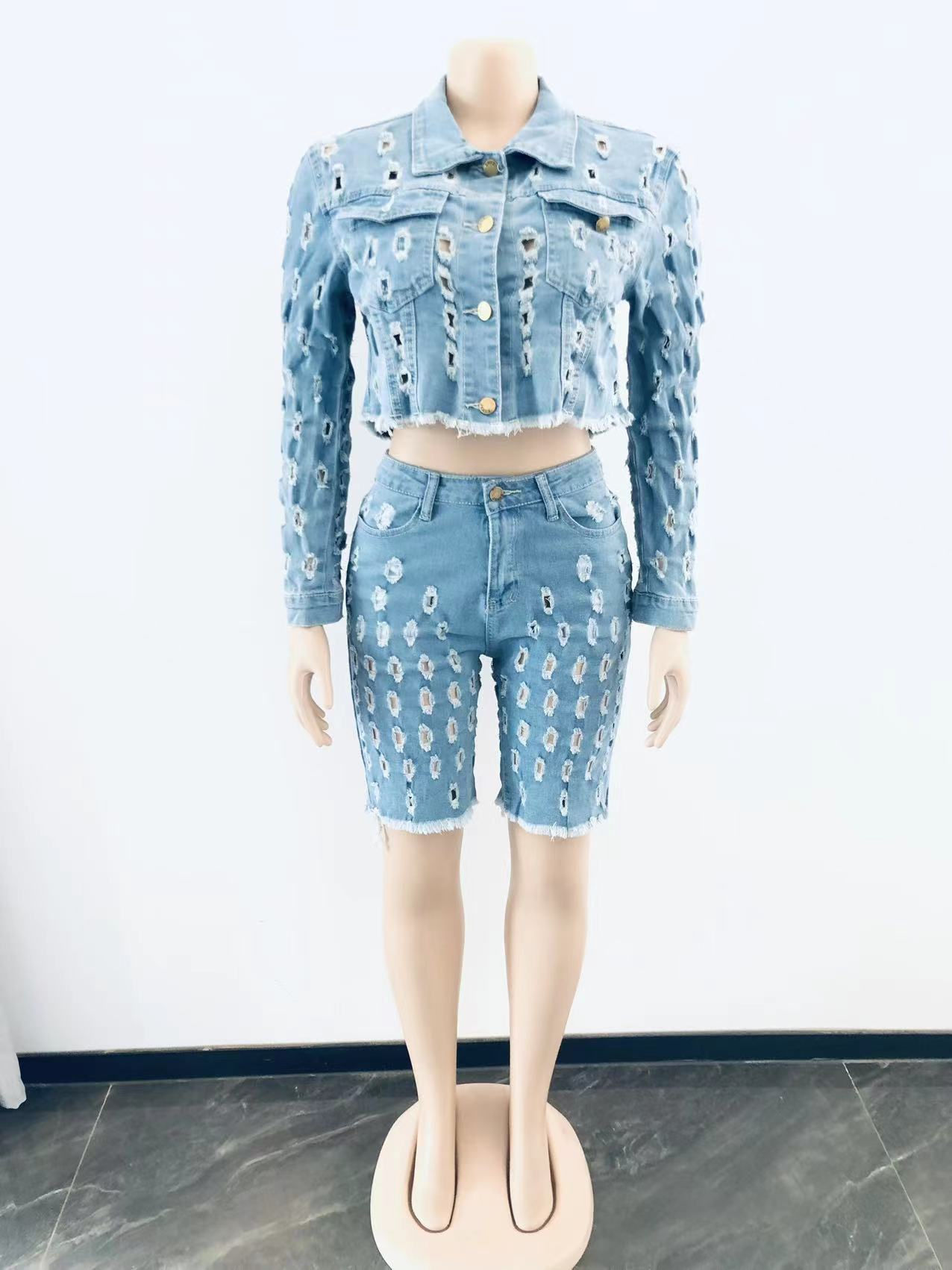 Women's Ripped Denim Shorts Set – Two Piece Casual Outfit 