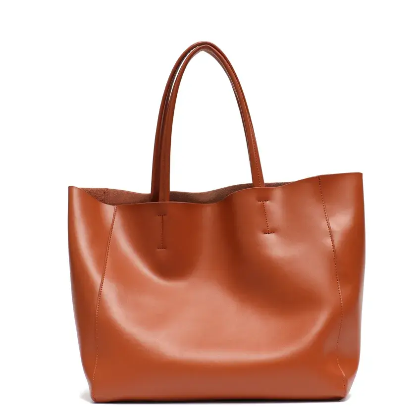 Thumbnail: Luxury Cow Leather Tote Handbag, Large Capacity Designer Shoulder Bag