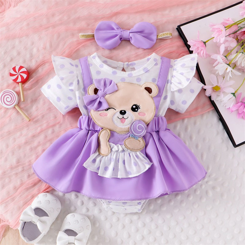 Thumbnail: Pudcoco Baby Girl 2Pcs Summer Outfit Bear Embroidery Romper with Shorts