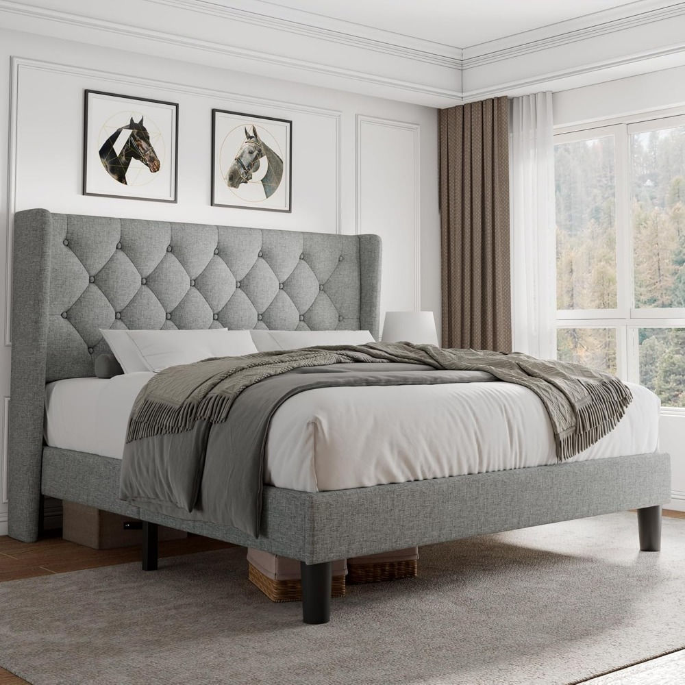 Full Size Upholstered Platform Bed Frame with Tufted Headboard & Storage