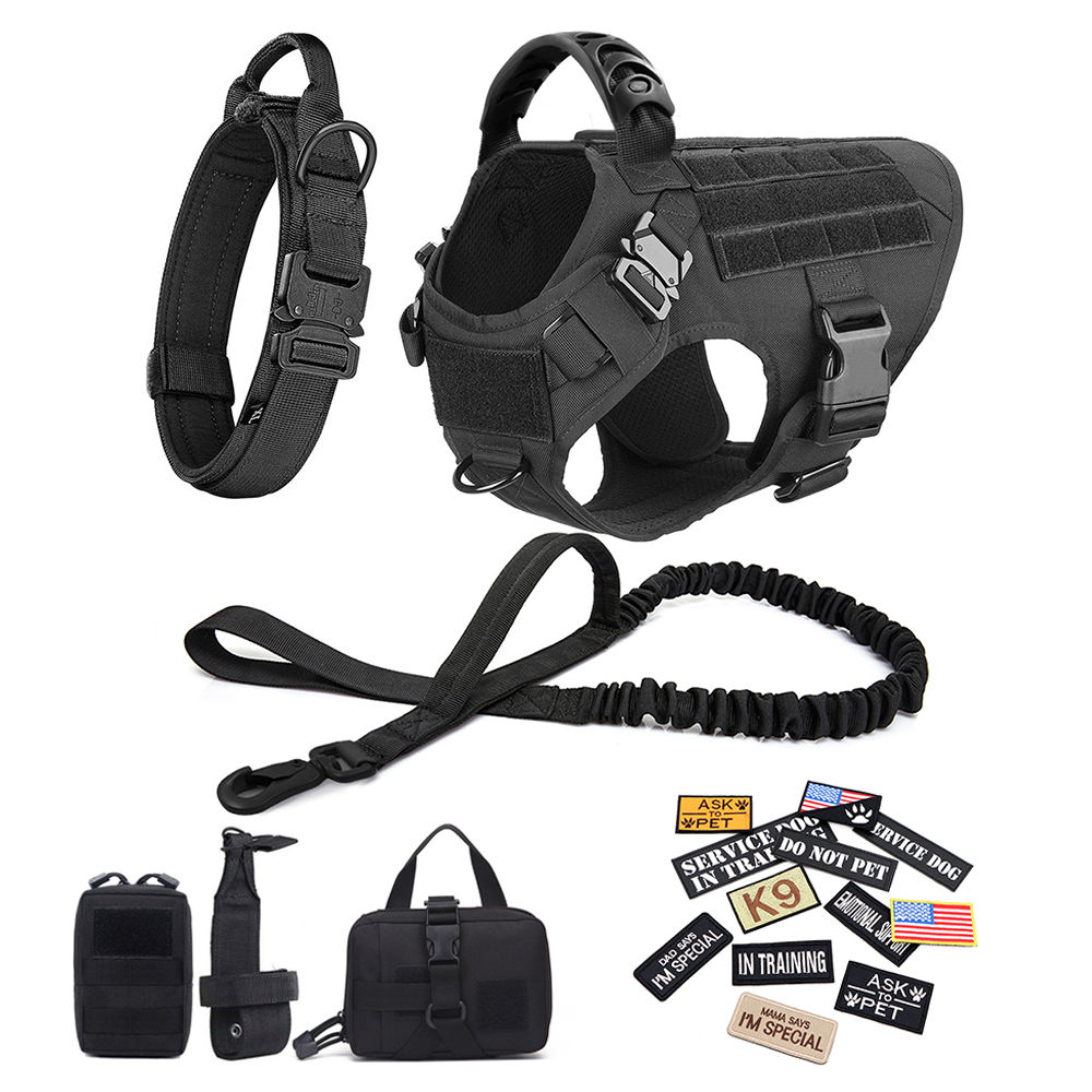Tactical Dog Harness Set – Nylon Vest with Collar, Leash, Bags & Patches