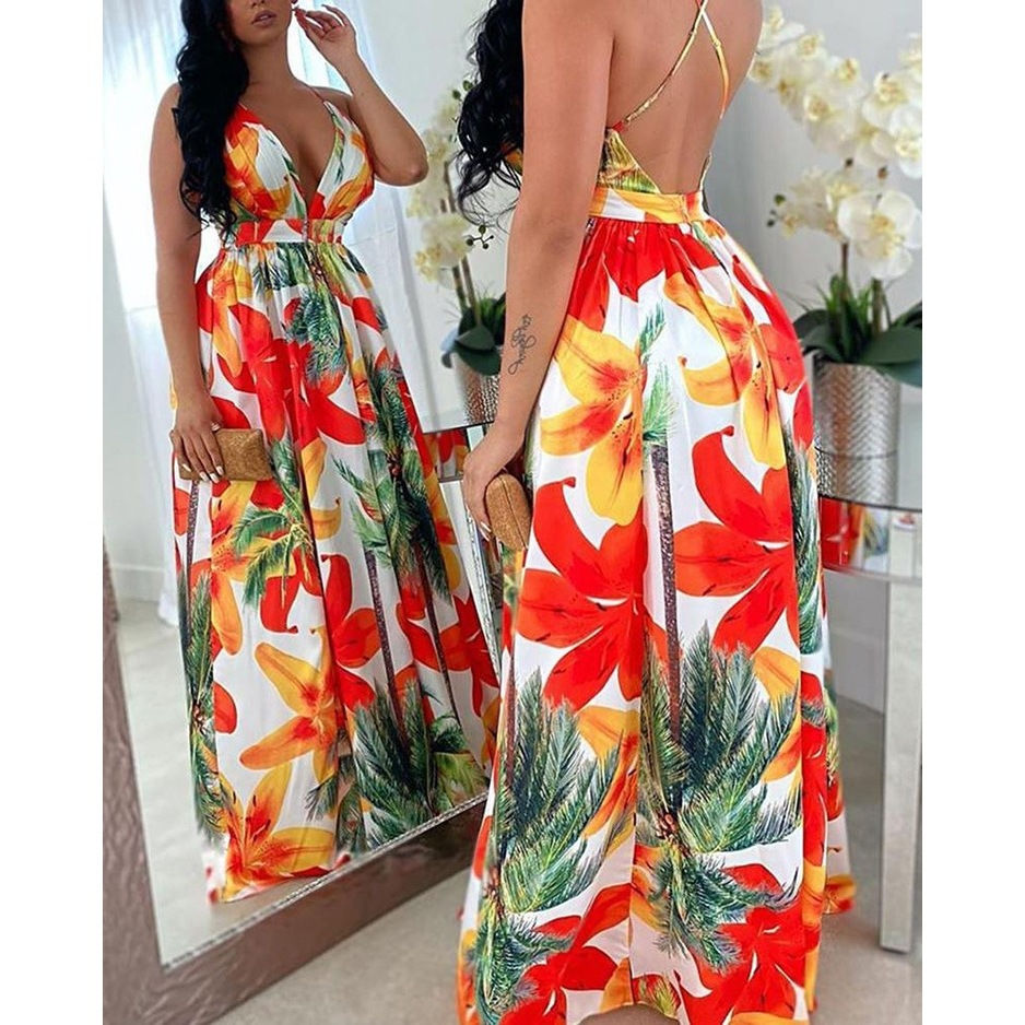 Thumbnail: Retro Boho Halter Maxi Dress Sleeveless Loose Print Summer Beach Dress