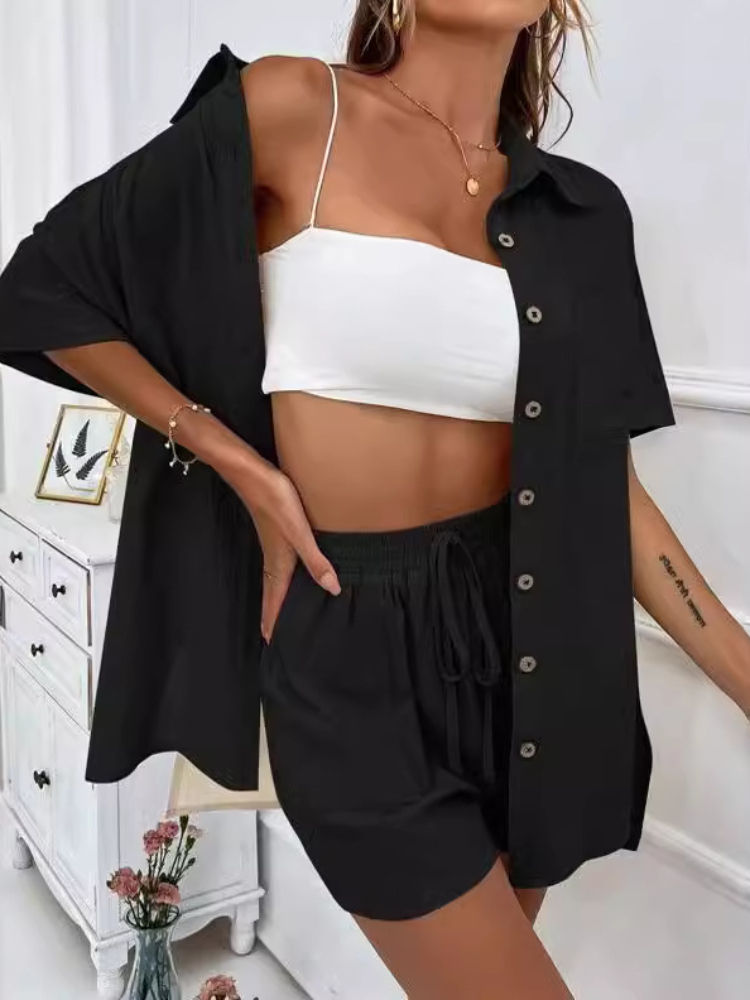 Thumbnail: Casual Two-Piece Short Sleeve Shirt and Shorts Set for Women