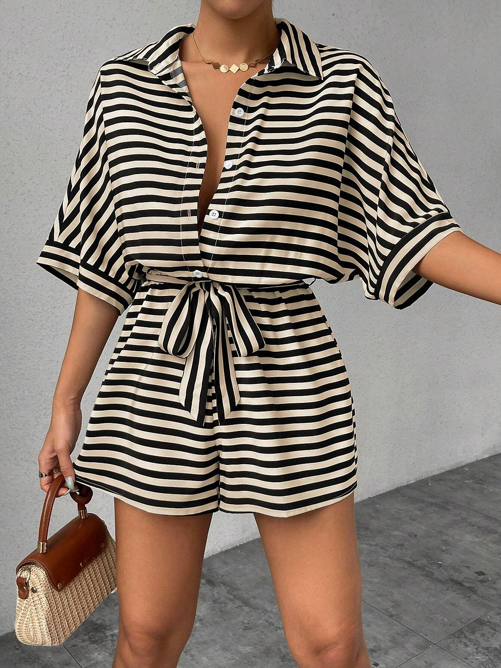Thumbnail: Women's Summer Striped Casual Set – Loose Fit, Button-Up Top & Shorts