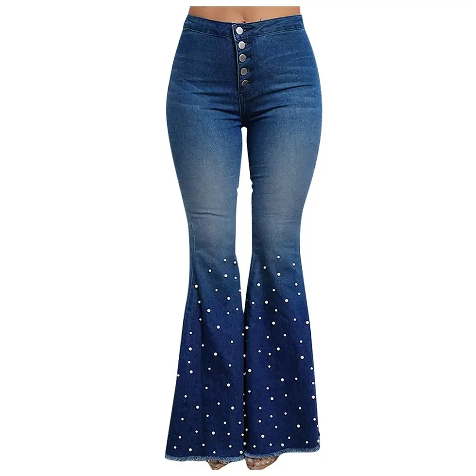 Thumbnail: Women’s Plus Size High Waist Bell-Bottom Denim Jeans Tassel Button Pants