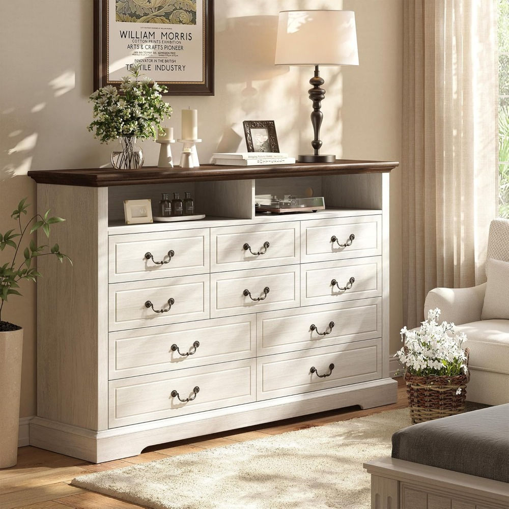Modern Farmhouse 10-Drawer Wood Bedroom Dresser with LED Light & Power Station