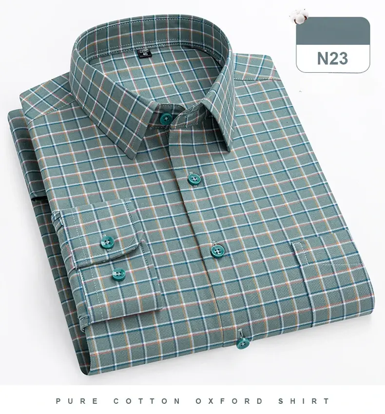 Thumbnail: Men’s Beige Plaid Oxford Shirt – 100% Cotton, Slim Fit, Long Sleeve Business Cas